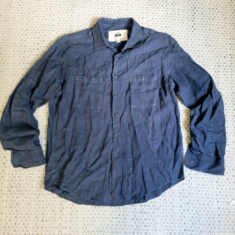 Joseph Abboud Mens XL 100% Linen Navy Blue Button up Shirt Long Sleeve Roll Tab